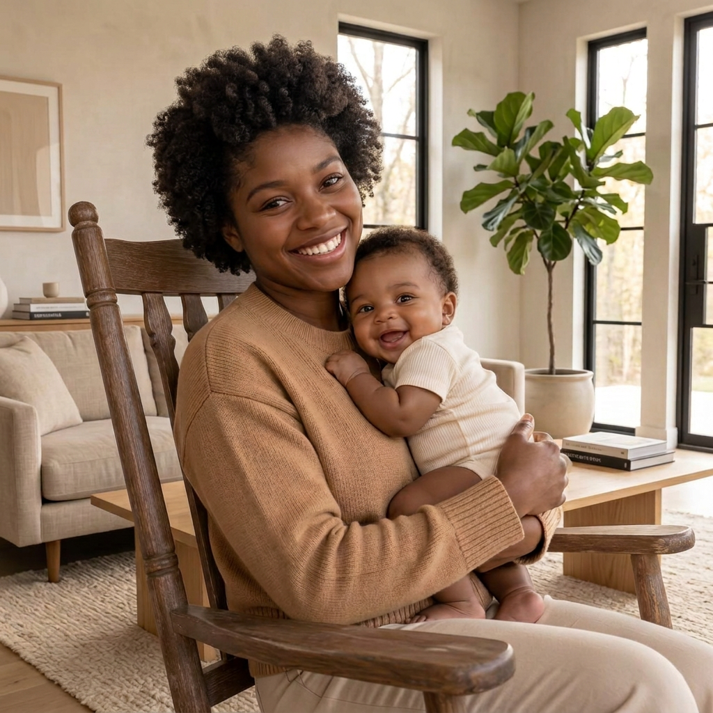 Mother smiling while holding her baby in a bright living room